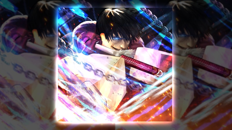 Dark-haired fighter biting a crimson-sheathed katana amid chains and glowing shards